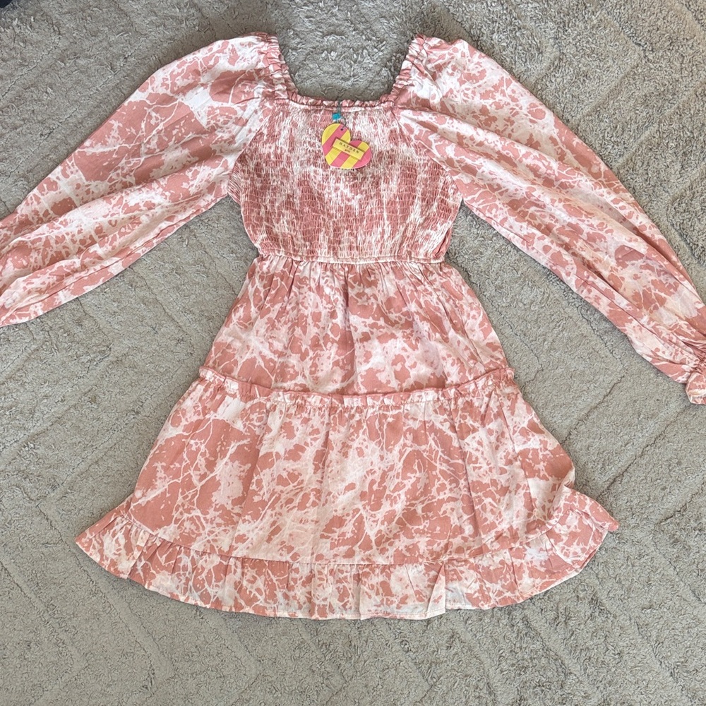 Hayden Girls Pink Marble-Print Smocked Waist Dress